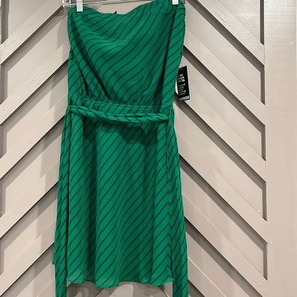 Express Dresses & Skirts - Express strapless belted royal blue and emerald green striped short dress M